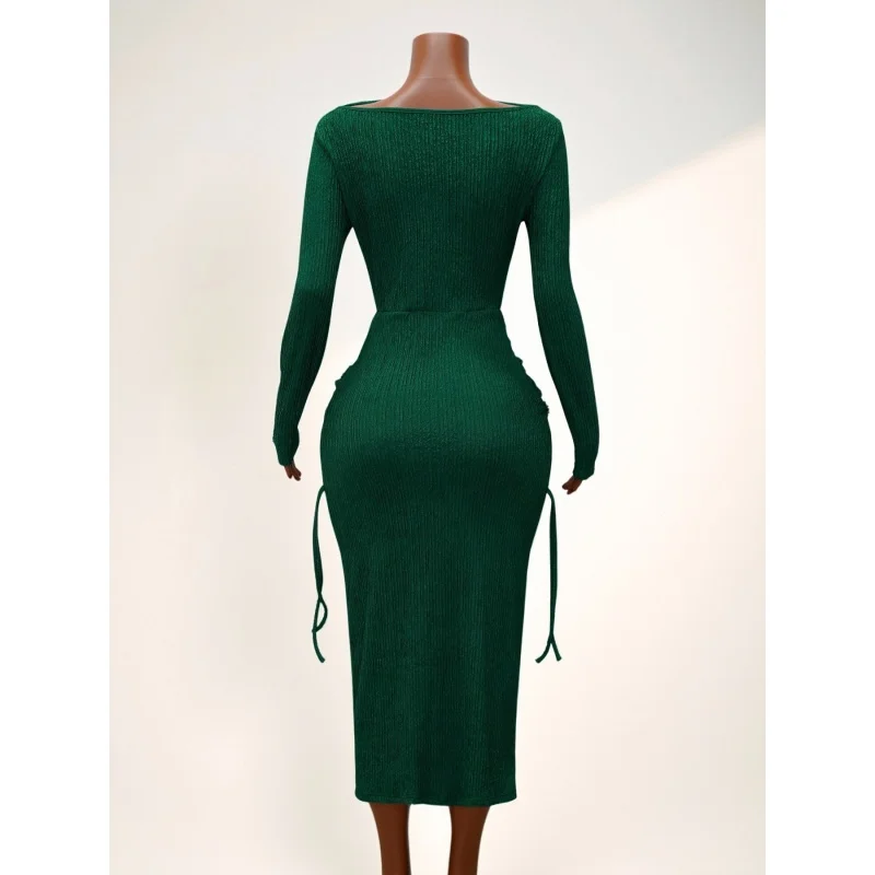 Damen-Midikleid mit schulterfreiem Schnitt, langen Ärmeln, figurbetontem Schnitt, strukturierter Strickoptik, geraffter Taille, seitlichem Kordelzug, schmaler Passform, für Partys und Abendveranstaltungen, Dropshipping – Detail 7