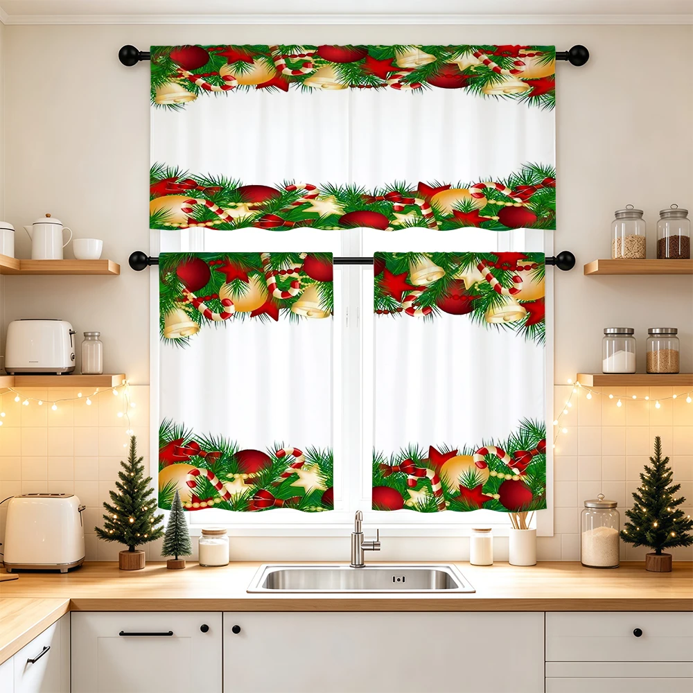 Christmas Kitchen Curtains, Pine Ball Bell Candy Star, Digital Print, Kitchen Dining Room, Rod Pocket Polyester, Home Decor