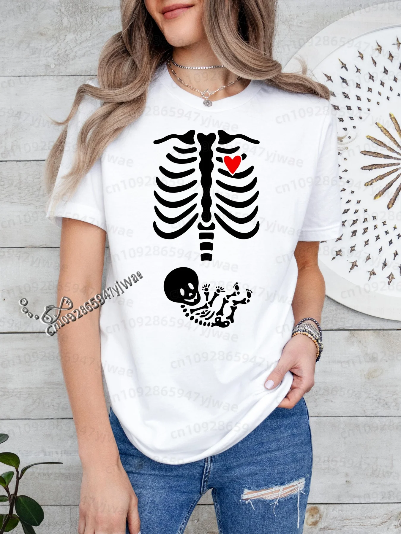 2026 Herren Halloween Skelett Schwangerschafts-Baby Halloween T-Shirt Totenkopf-Knochen-Druck Kurzarm Damen Herren Halloween Paar T-Shirt – Detail 12