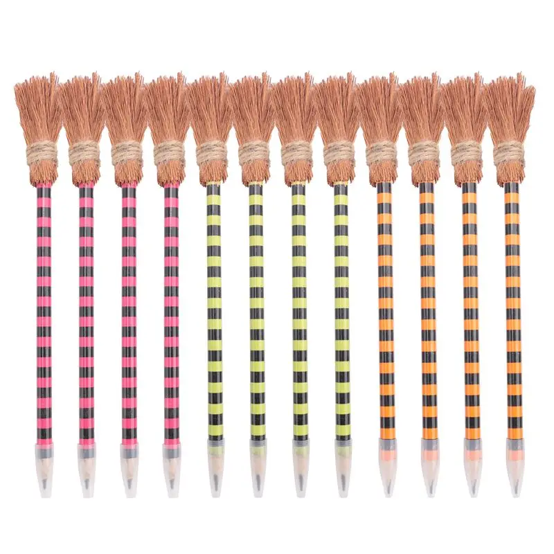 AT13 12 Piece Halloween Witch Broom Pencil Colorful Witch Broom Pens Wizard Broom Writing Pencils