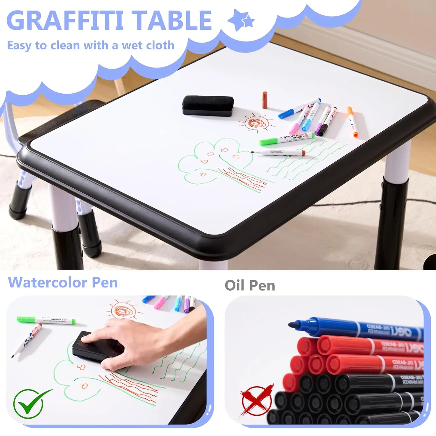 طقم طاولات وكراسي للأطفال (كرسيين)، طقم طاولة وكرسي للأطفال الصغار قابل للتعديل الارتفاع للأطفال من سن 3 إلى 8 سنوات مع سطح مكتب جرافيتي، تعلم