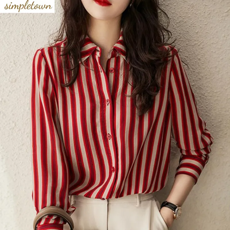 Red Striped Shirt for Women\'s 2024 Spring/summer New French High-end Design Temperament Versatile Casual Shirt