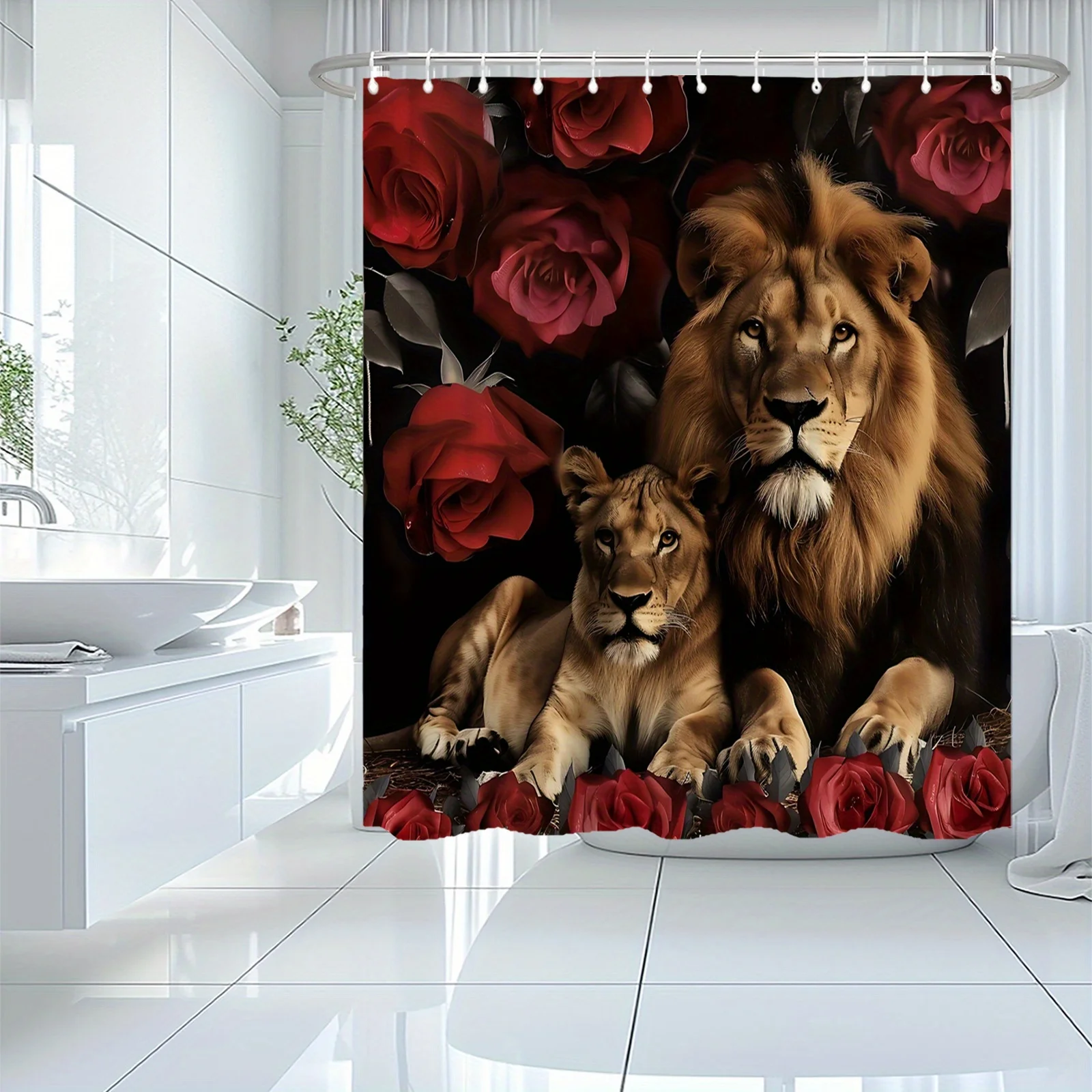 ستارة حمام قطعة واحدة - أسود ملكي مع ورود حمراء بتصميم خلفية سوداء درامية مقاومة للماء #2