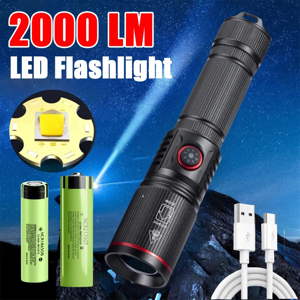 

Мощный белый лазерный светодиодный фонарик, перезаряжаемый через USB, с аккумулятором, масштабируемый фонарь для рыбалки, кемпинга, фонарь