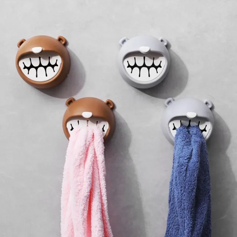 Cartoon Bear Towel Storage Rack Self Adhesive Towel Plug Holder Hook Towel Stopper Kitchen Bathroom Rag Dishcloth Clip Organizer