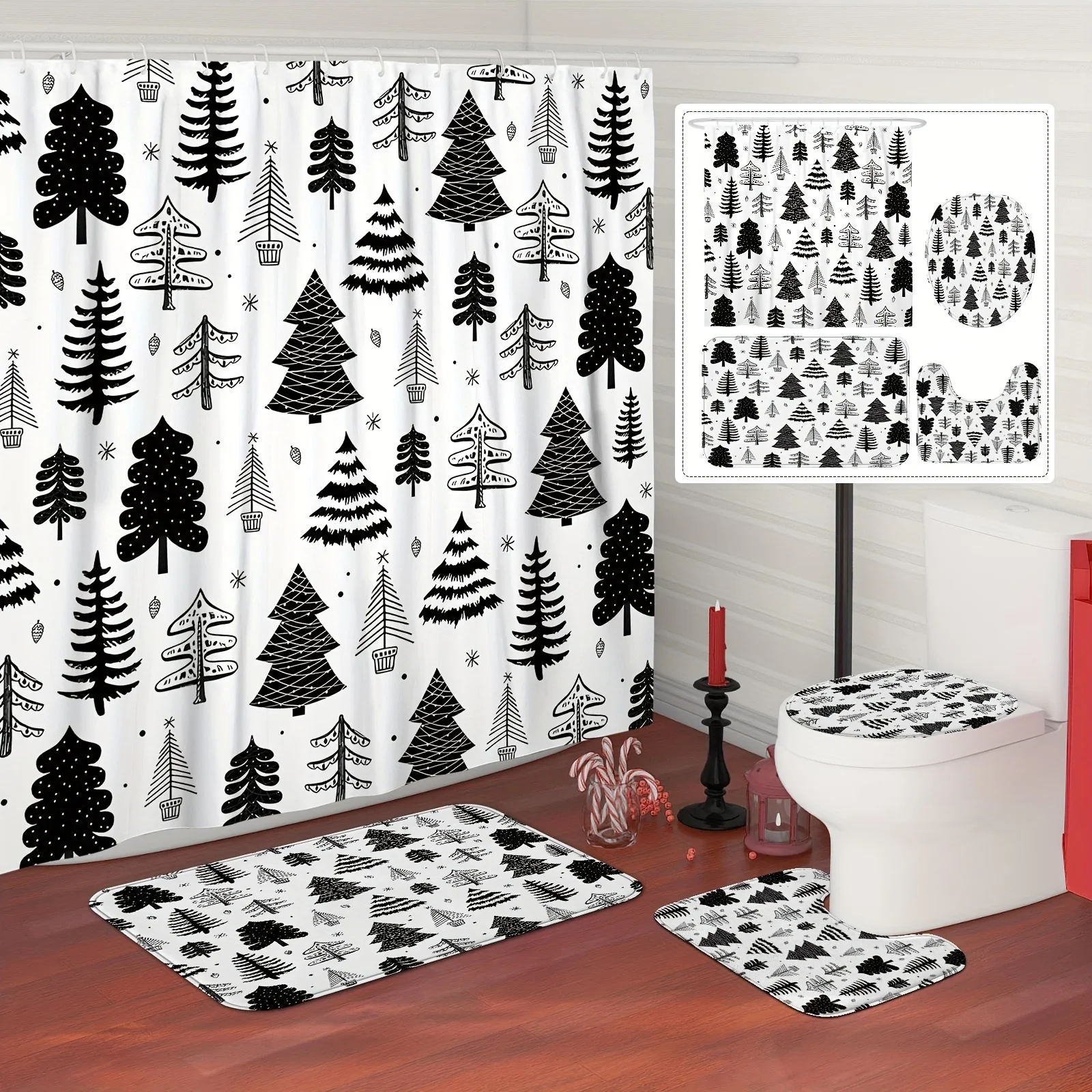 

4pcs Christmas Winter Shower Curtain Set Pine Tree Simple Black White Shower Curtain Decorations Polyester Washable for Xmas