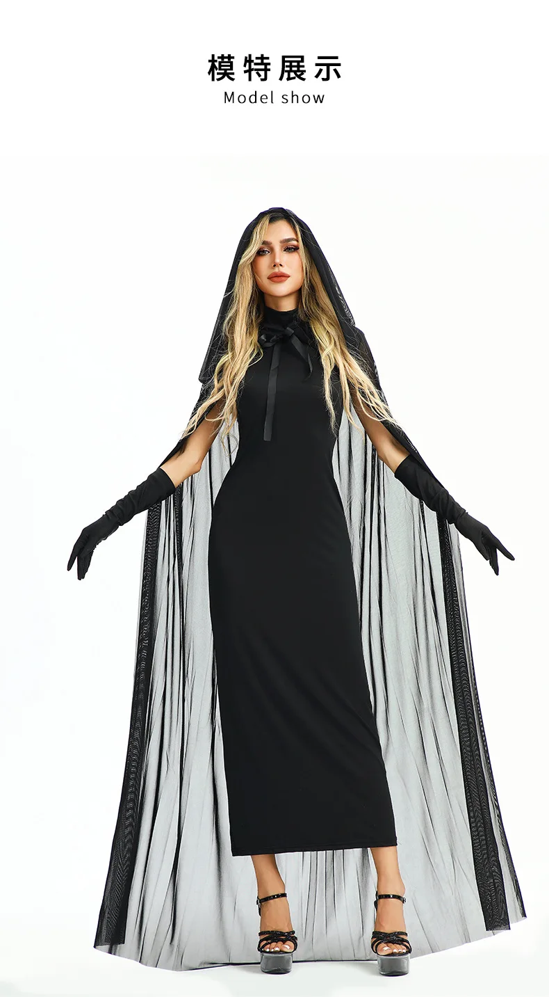 Robe Sorcière Gothique Noire avec Cape à Capuche et Gants – photo 5