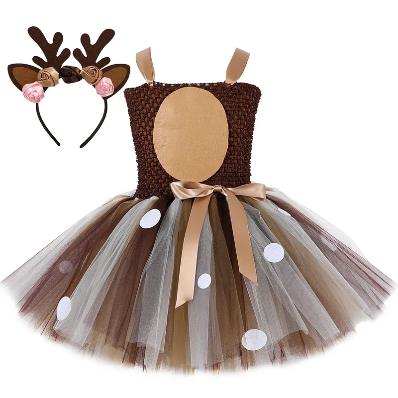 

Deer Costumes for Girls Christmas Dress for Kids Halloween Costumes Reindeer Tulle Tutu Dress Birthday Princess Clothes Brown