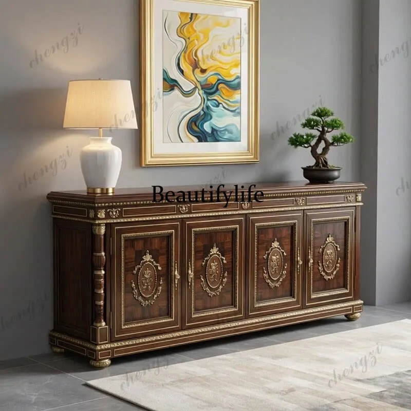 European and American light luxury solid wood dining side cabinet carved storage, restaurant display cabinet against the wall