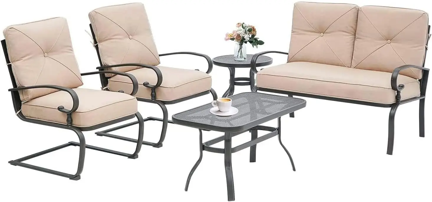 

Patio Furniture Set Metal Outdoor Conversation Sets (Loveseat, Coffee Table and Bistro Table, 2 Spring Chair) with Cushion