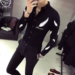 Spring Autumn Fashion Slim-Fit Long Sleeve Feather Print Blouse Men's Clothing Slim All-match Korean Button Trend Chic Shirts