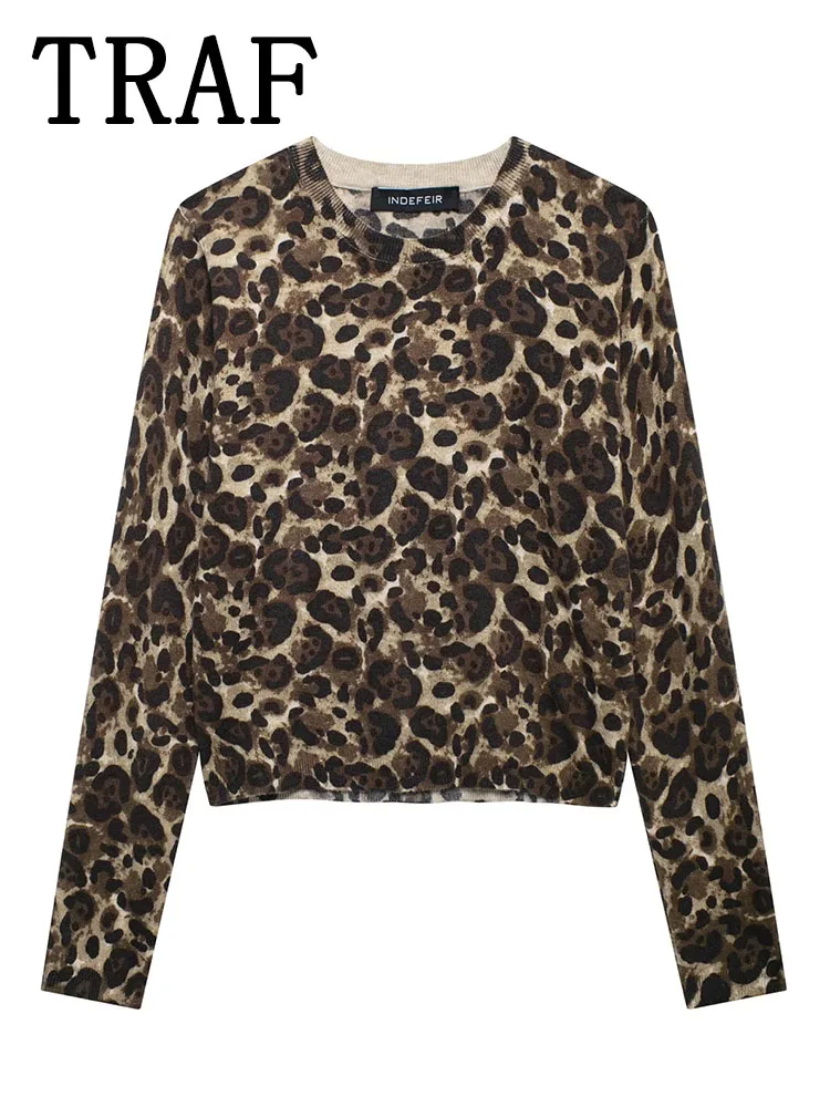 TRAF Women's Sweater 2024 Autumn Fashion Leopard Print Sweaters Long Sleeve Pullover Ladies Vintage Casual Knitwear Top ﻿