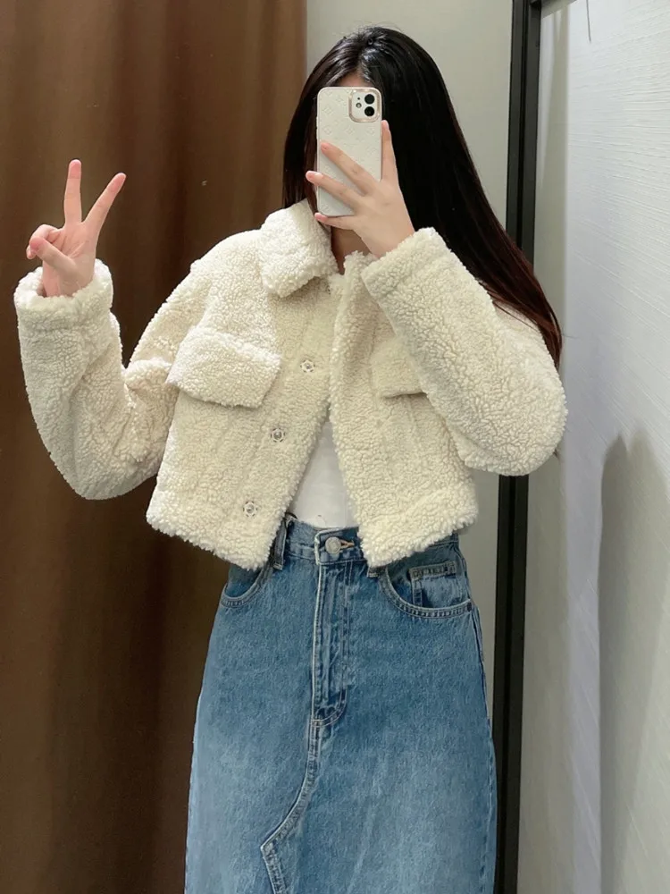 Korean style Women's Double Pocket Fleece Short Coat Autumn Winter New White Single-breasted Shirt Jacket Female