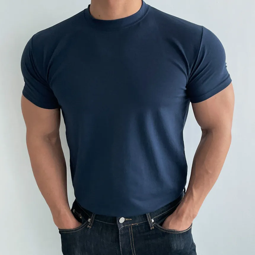 High quality men\'s short sleeve training T-shirt high elastic cotton breathable quick drying round neck solid color Tops