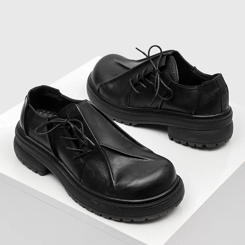 Black Thick-soled Men Loafers Side Laces Retro Casual Fashionable Large-brimmed Shoes Outdoor Workwear Shoes Men Sizes 38-46