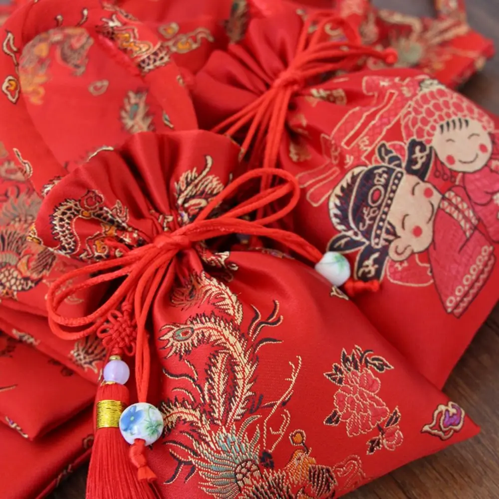 Sacos de doces estilo chinês, embalagem de presente para casamento, suprimentos para festas, bolsa com alça de seda com borlas