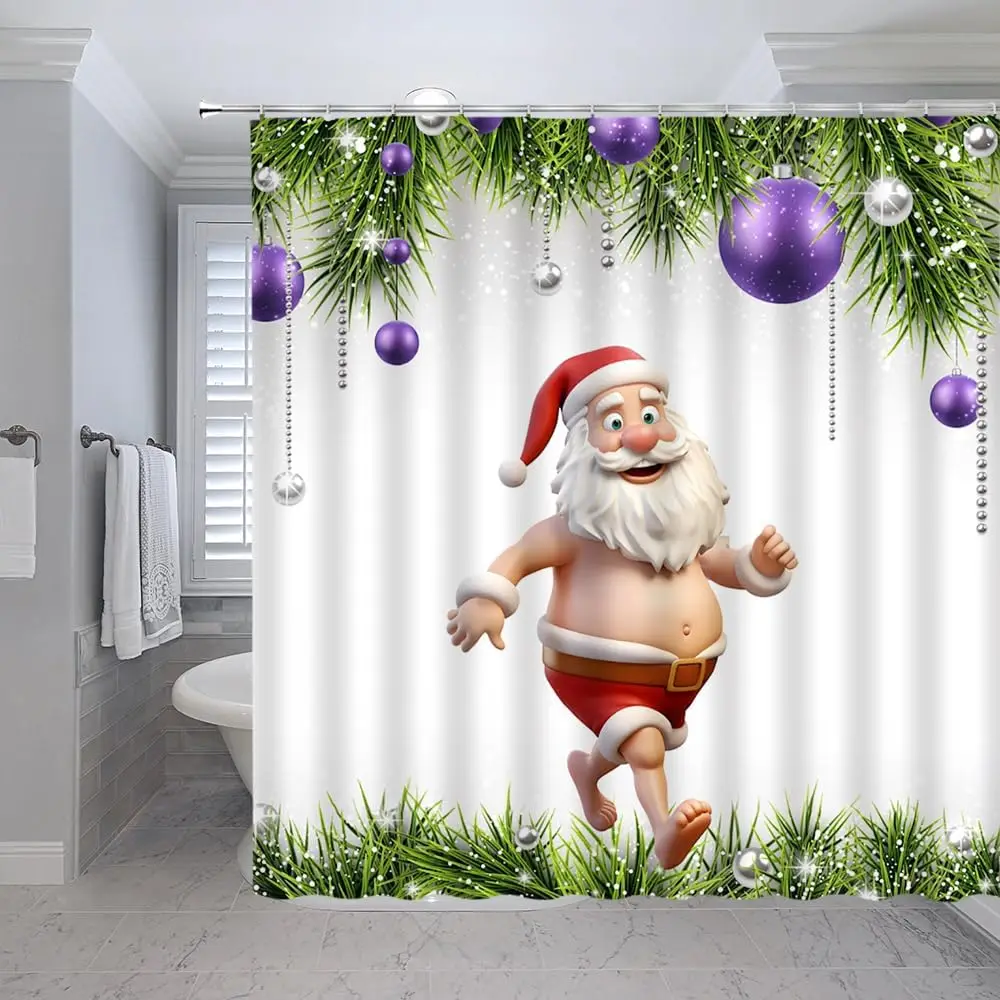 

Merry Christmas Shower Curtain Funny Santa Claus Purple Silver Xmas Ball New Year Green Pine Fir Branch Winter Holiday BoysGirls