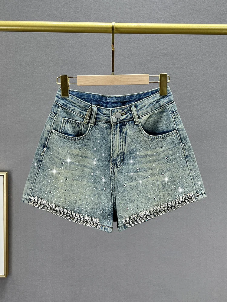 

High Waist Slim Fit Diamond Embellied Denim orts Women's Faion 2024 New Summer Heavy Industry ort Pants