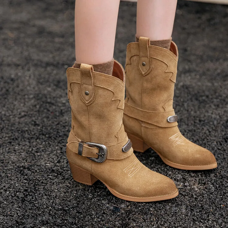 

Khaki Suede Women Short Western Boots Embroidery Casual Black Leather Motorcycle Botines Metal Buckle Strap Chaussure Femmes