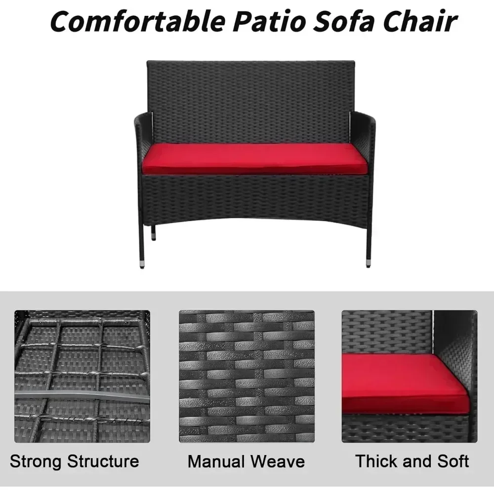 Conjunto de sofá de vime para pátio de 4 peças com almofadas, cadeira de conversa de móveis de vime para exterior e mesa de centro de vidro, preto + vermelho