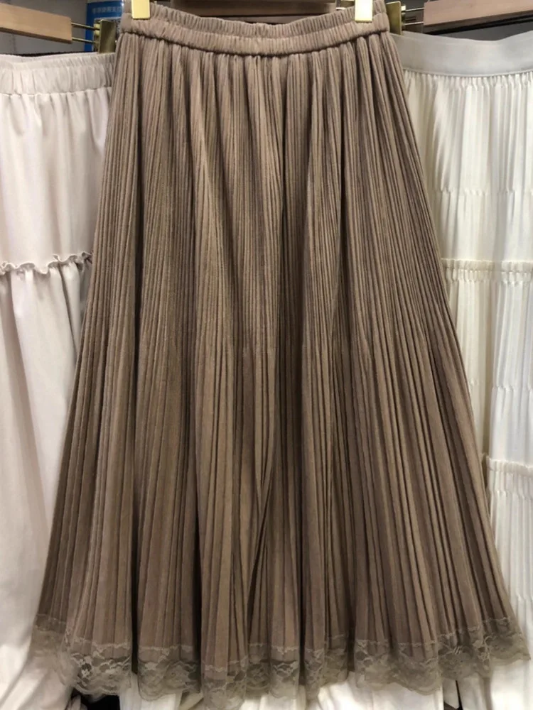 女性の秋冬レースパッチワークベルベットミディスカート女性のエレガントカジュアルハイウエストソリッドカラーAラインファルダス