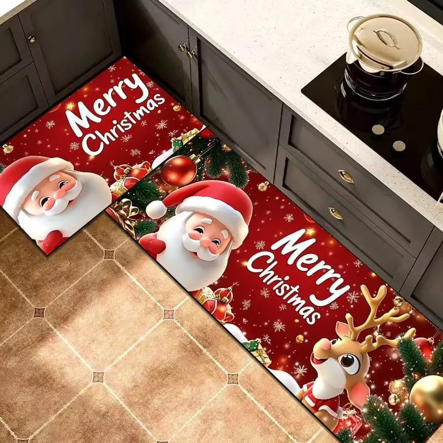 VIKAMA Kitchen Rug 1/2 Piece Red Santa Claus Decorative Water-Resistant And Stain-Resistant Dining Room Coat Rack Floor Mat