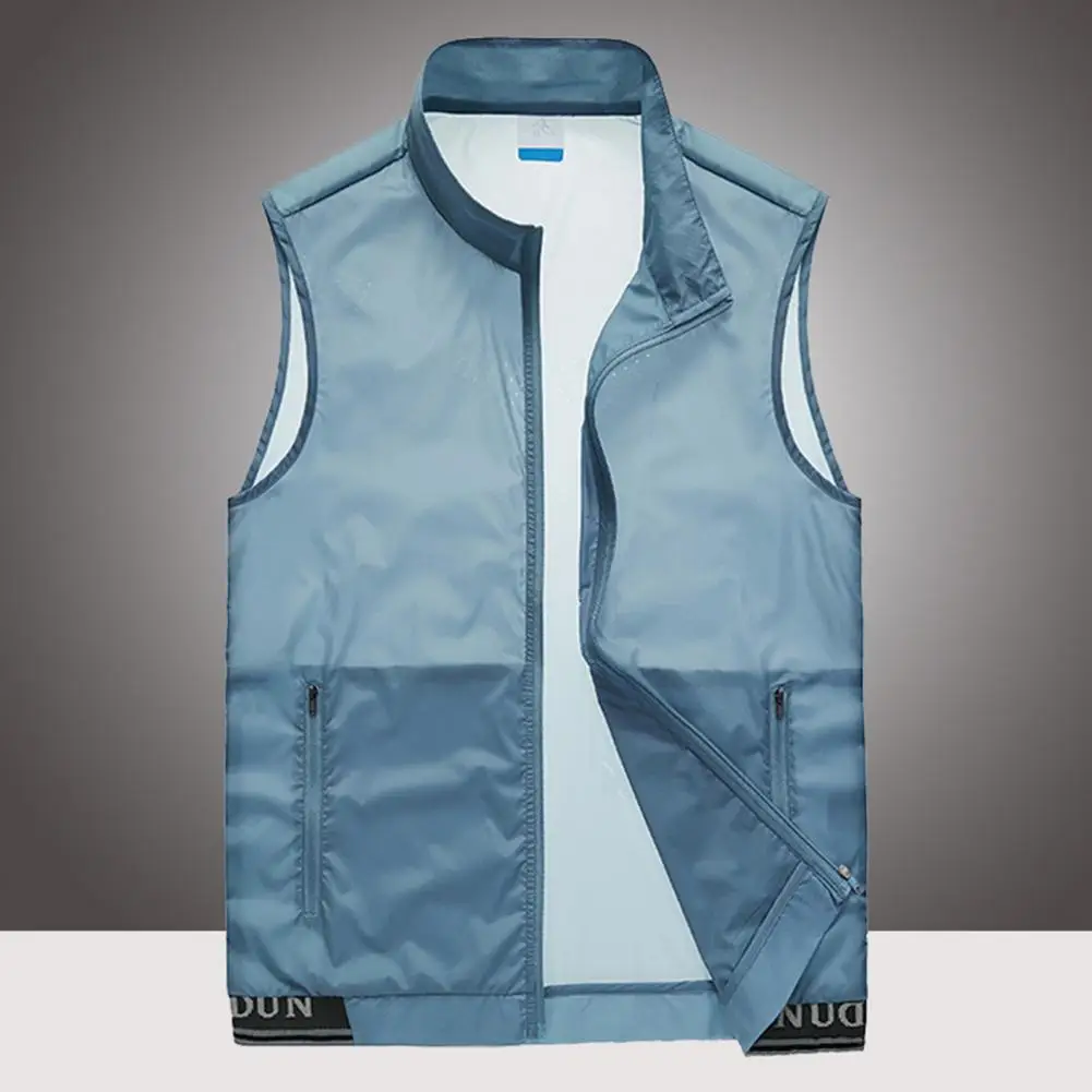 Men Vest with Zipper Pockets Men's Summer Stand Collar Mesh Vest Coat with Zipper Placket Two Pockets Solid Color Outdoor