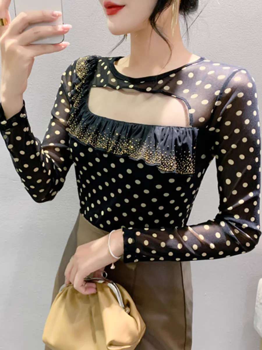Size M-3XL Early Autumn Dot Mesh Sweet Hot T Shirt Girls Diamond Ruffles Hollow Out T-shirts High Stretch Slim Tees For Women