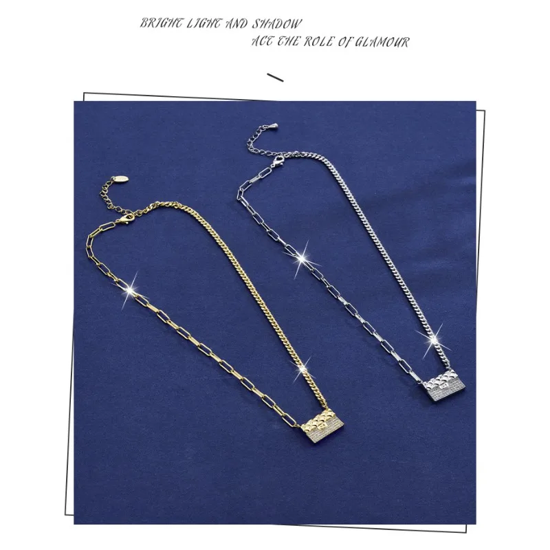 

Titanium steel bag necklace, fashionable and versatile chain patchwork bag, full diamond pendant, collarbone chain accessory
