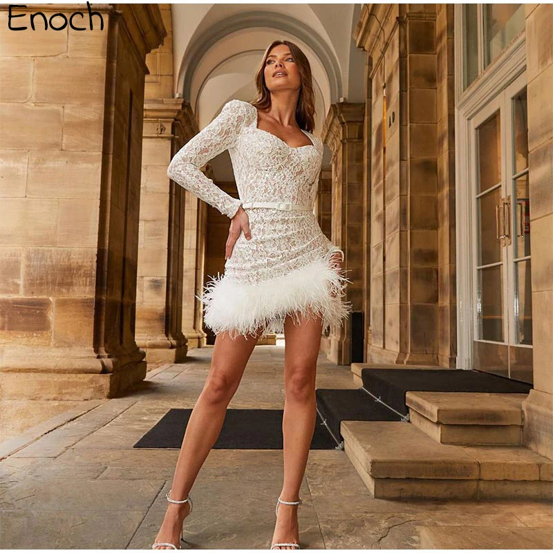 

ENOCH Elegant Square Neck Prom Dresses Modern Lace Applique Feather Long Sleeves Backless Party Gown Custom Made Above Knee New