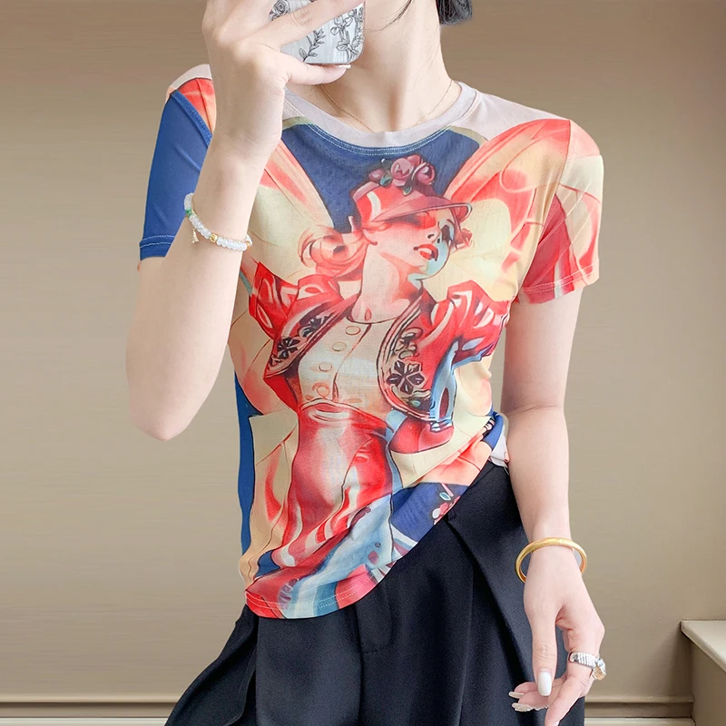 

2025 Summer Fashion Mesh Printed Positioning Flower Short Sleeve Round Neck Slimming Women's Top Korean Tshirt Vintage Clothes