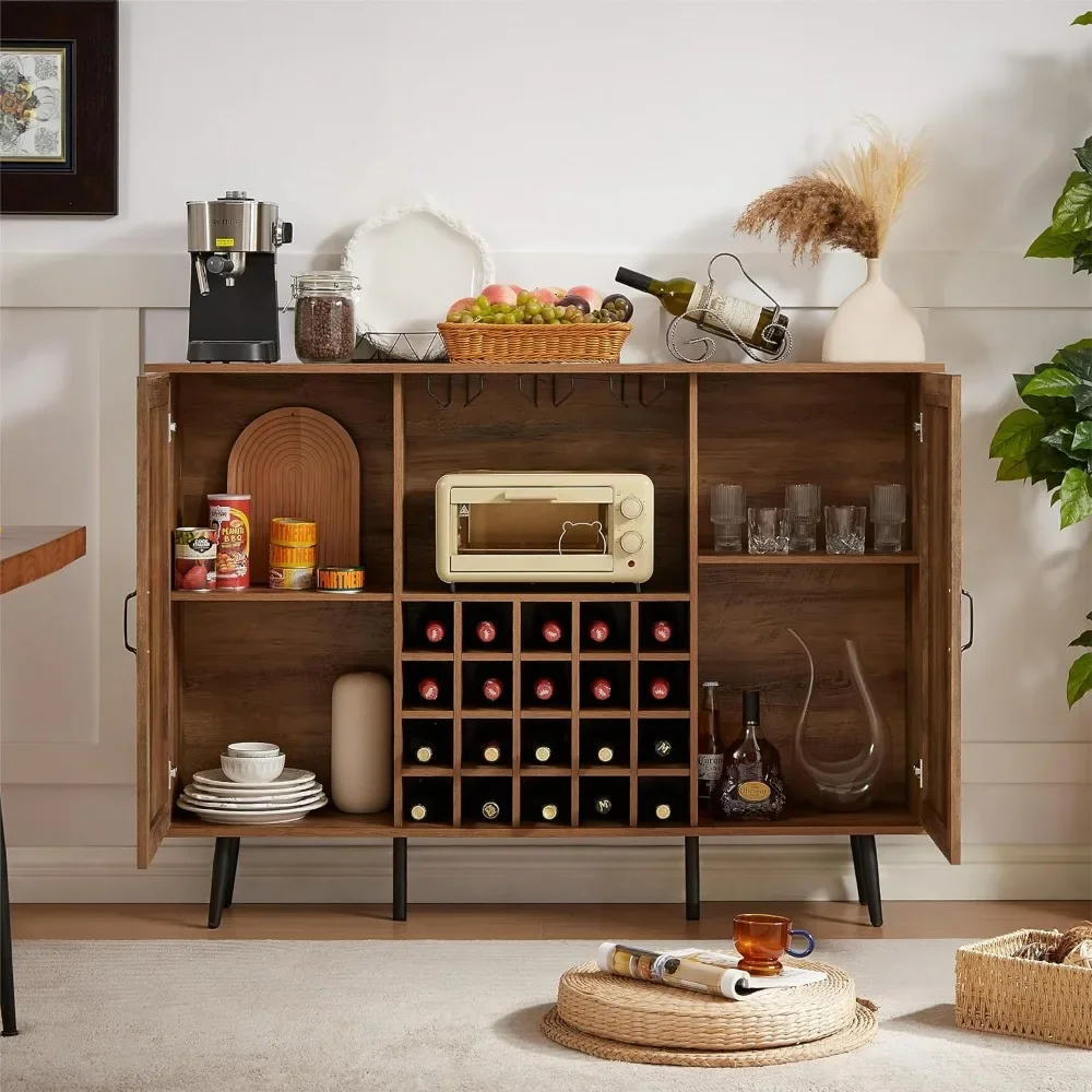 Stylish Wine Cabinet with Removable Shelves and Faux Rattan Barn Double Door Design - Perfect for Storing Wines and Glasses