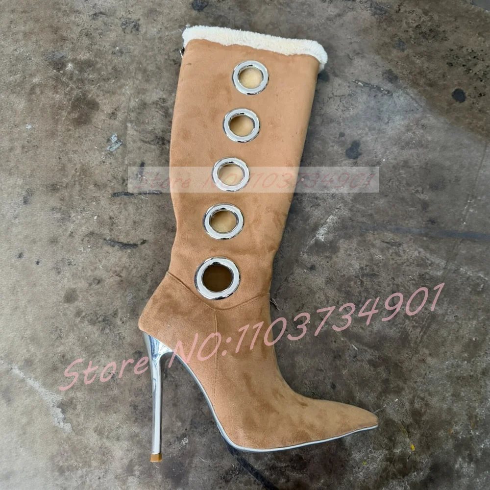 Light Tan Suede Hollow Ring Knee High Boots Women Plush Furry Pointed Toe Back Zipper Boots Stylish Silver High Heels Shoes