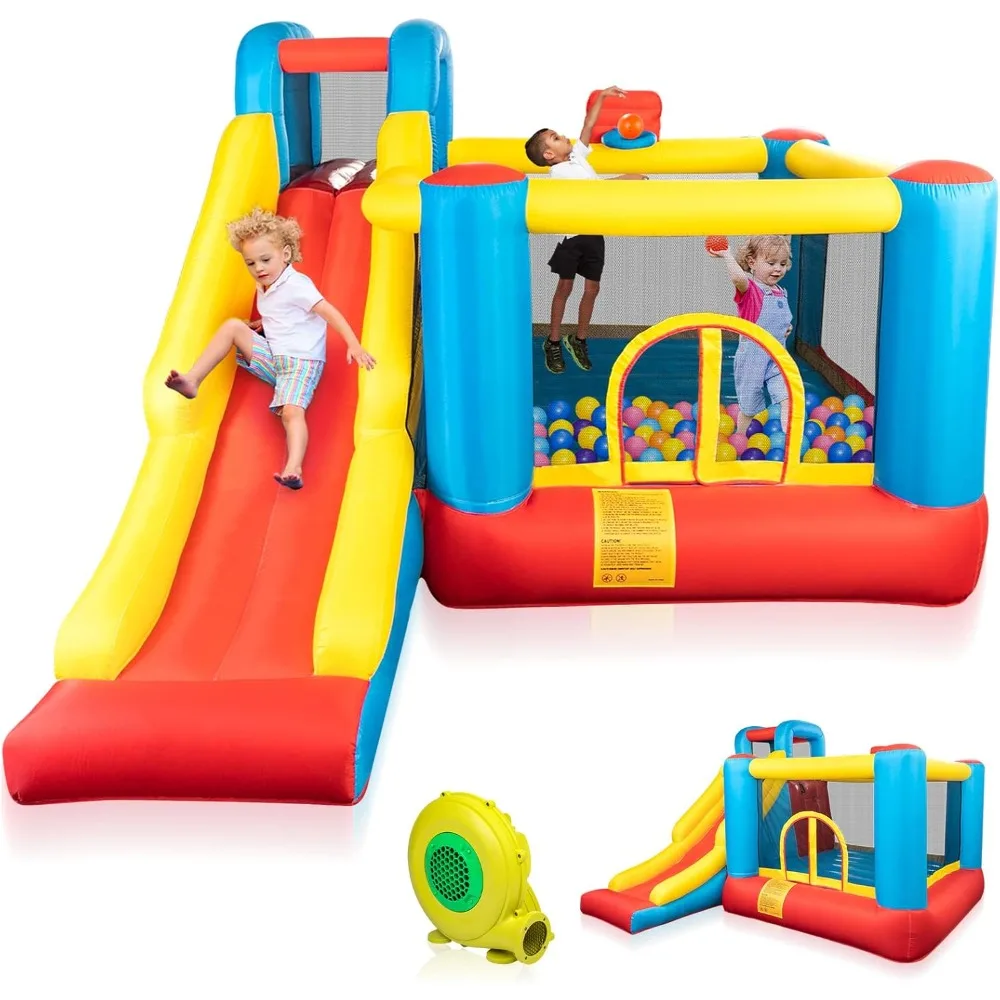 Bounce House Inflatable Bouncing Castle Play Center w/Air Blower, Jump'n Slide Bouncer, Suitable for Toddler Baby