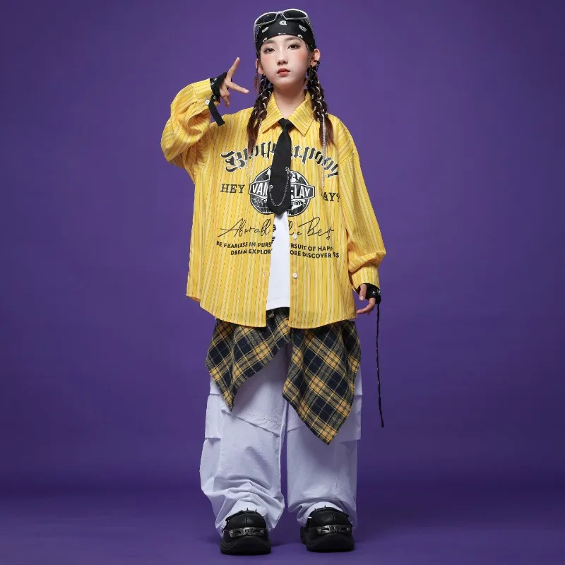 الأطفال الأصفر مخطط الاطفال الجاز الرقص الشارع أزياء رقص الأمريكية مخطط قميص الهيب هوب أداء ملابس الفتيات الجاز #4