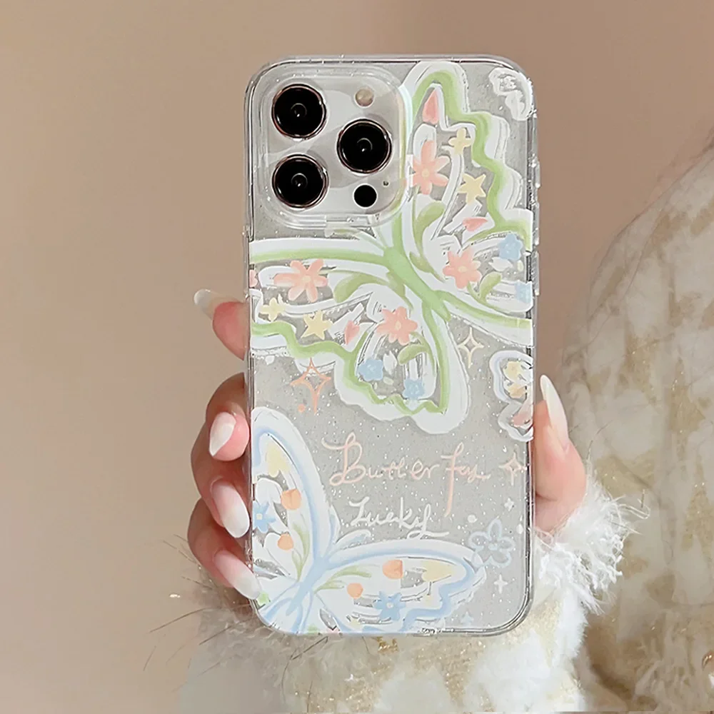 Fairy Summer brokat green Butterfly przezroczyste etui na telefon do iPhone'a 16 15 14 13 12 Pro Max 15 14 Plus Etui Cute cartoon Cover