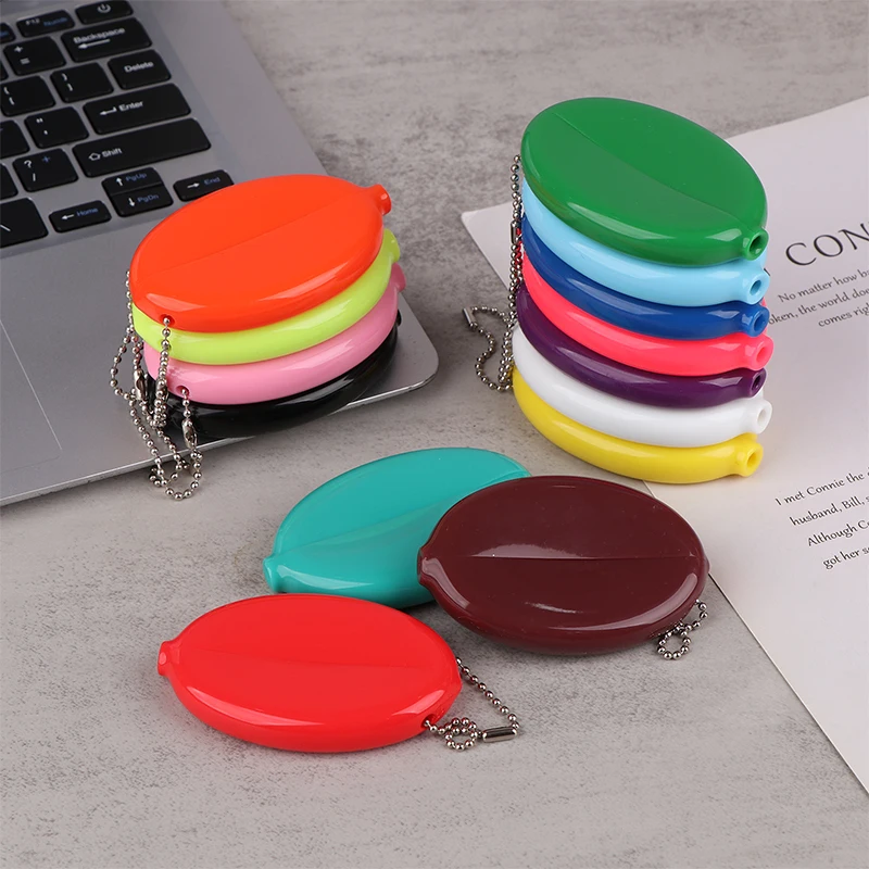 Small Oval Coin Purse Mini Earrings Rings Storage Box With Chain Solid Color PVC Fashion Portable Bag Pendant