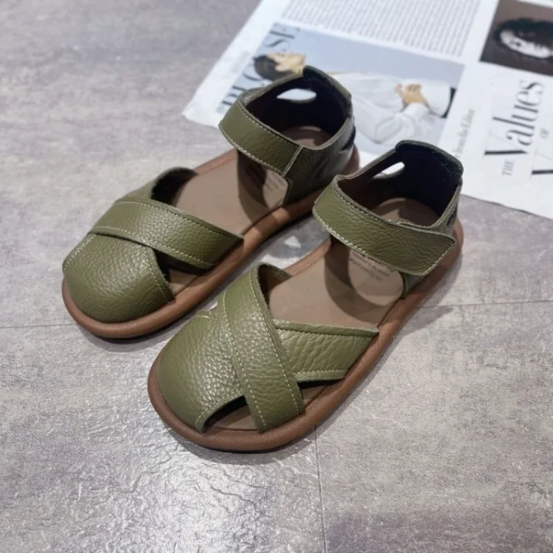 Damensandalen 2025, neue bequeme, weiche Leder-Römersandalen mit dickem Boden, Mädchen, adrette Sommer-atmungsaktive, lässige, flache Schuhe