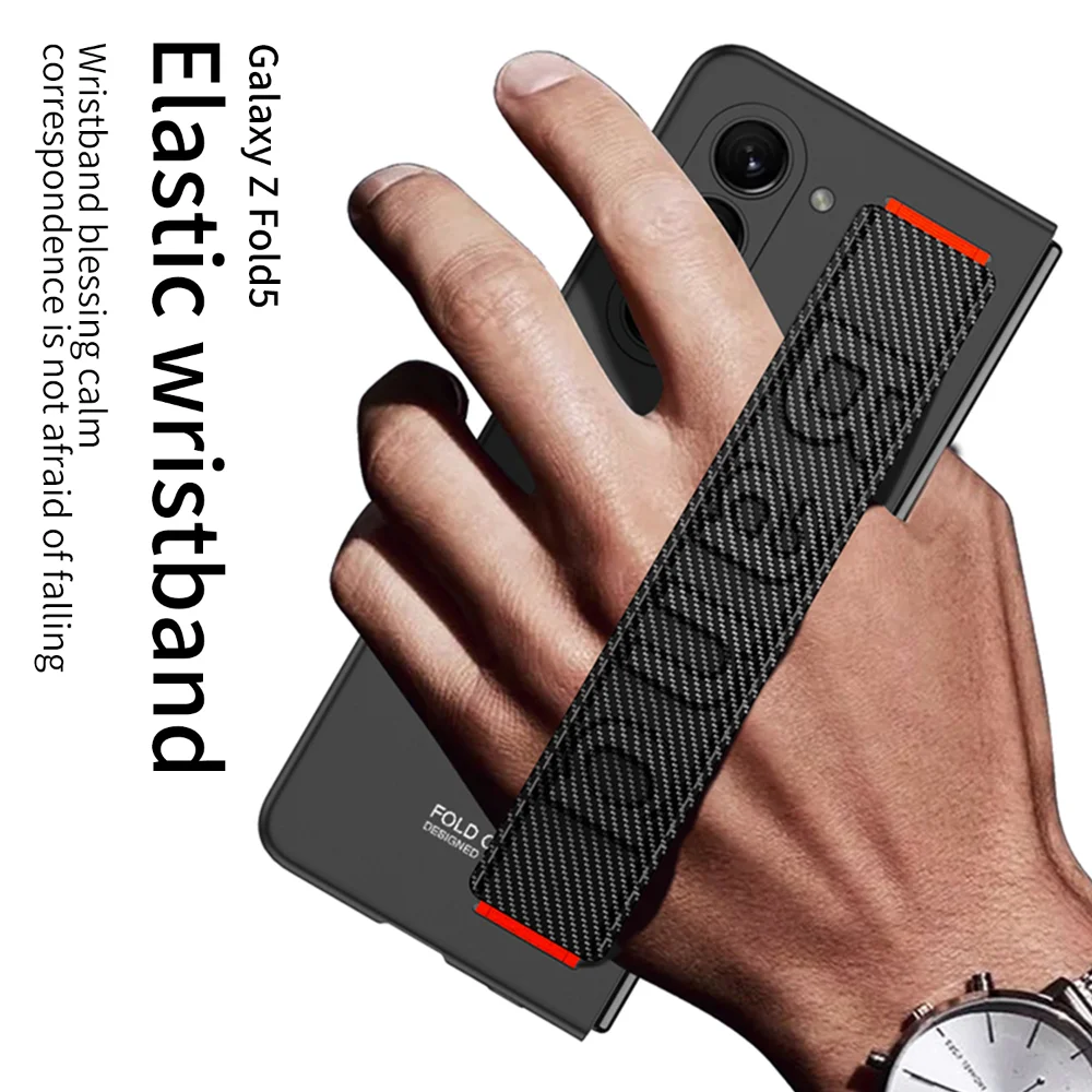 

Luxury Case for Samsung Z Fold 5 Case with Elastic Wrist Band Shockproof Cover for Galaxy Z Fold5 Case Front Tempered Glass