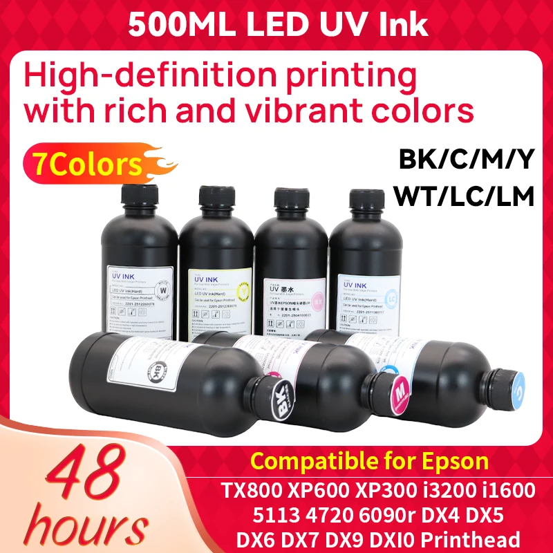500ml-led-uvインク。uv硬化型インク。エプソン-i3200、i1600、5113、4720、6090、dx5、dx7、dx9、dx10プリントヘッドに対応。uvフラットベッドプリンター用。
