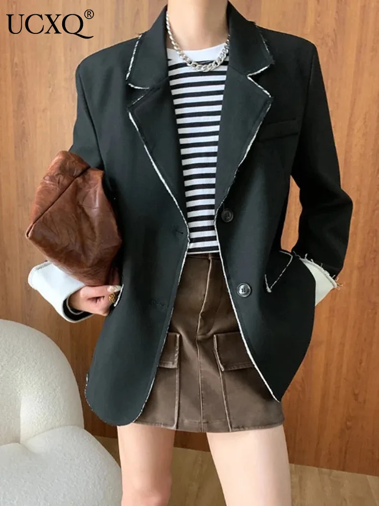 

UCXQ Fashion Blazer Coat Streetwear Contrasting Color Splicing Sleeve Loose All Match Casual Jacket Women 2024 Spring Summer 972