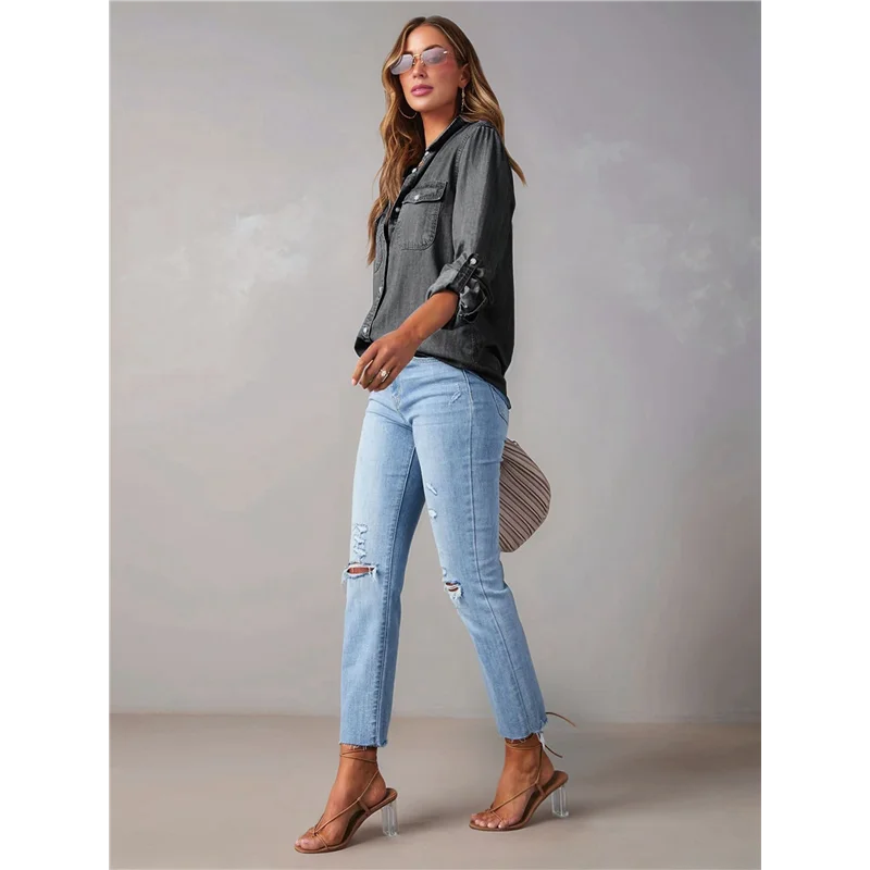 AOAO-Damskie koszule jeansowe zapinane na guziki Casualowa bluzka z długim rękawem i dekoltem w szpic Chambray