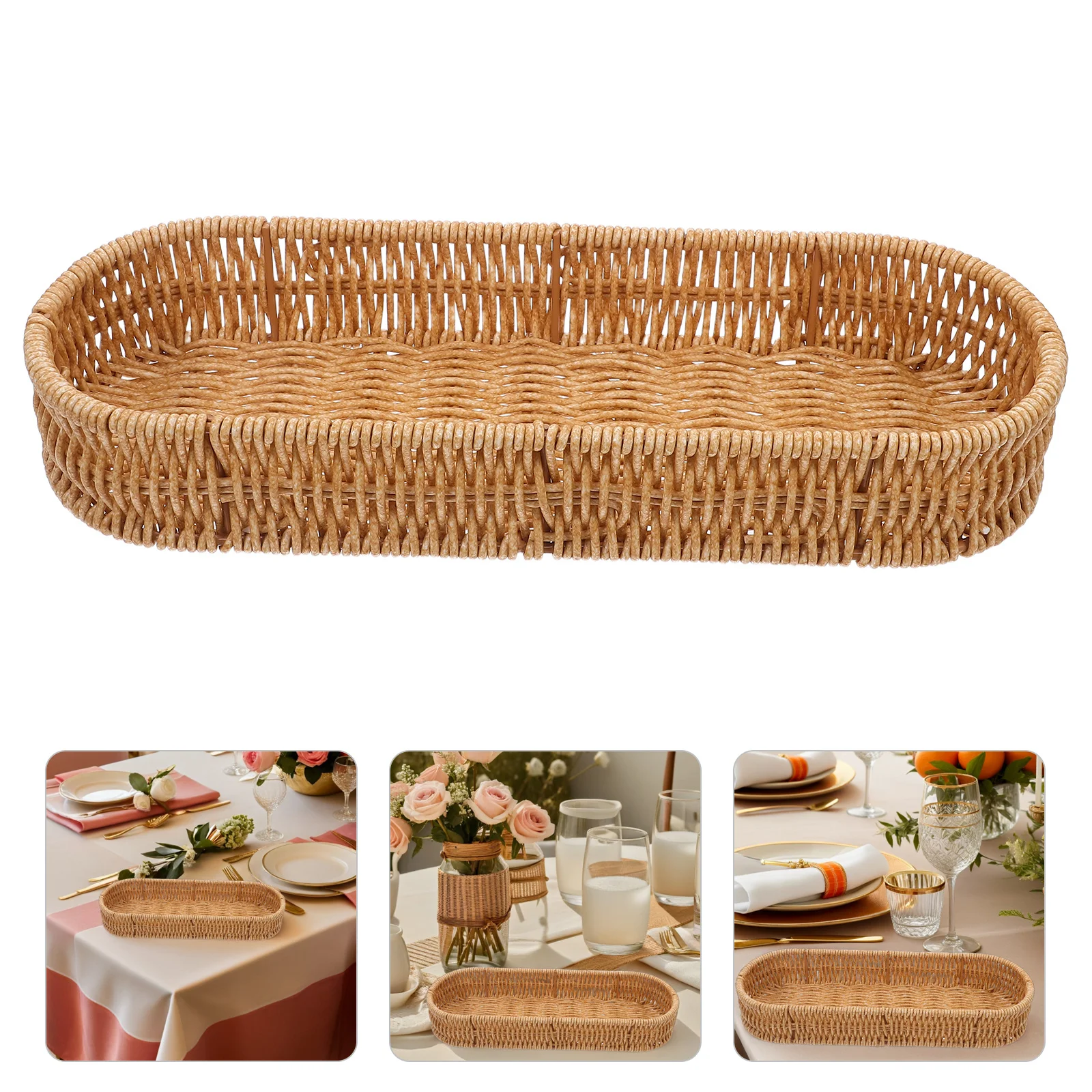 

Handwoven Cutlery Basket Rectangular Imitation Rattan Utensil Organizer Kitchen Storage Tray Plastic Woven Silverware Holder