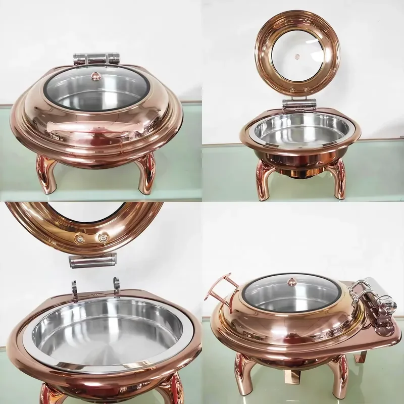 Restaurant Self-service Kiosk Perforated Inserts Round Chaffing Dishes with Glass Lid Rose Gold Plated Party City Chafing