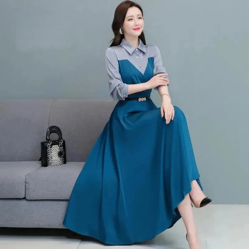 

Dress Women 2024 Spring Autumn New Slim Elegant Temperament Fashion Dresses Female Large Size Stitching Acetate Satin Long Skirt