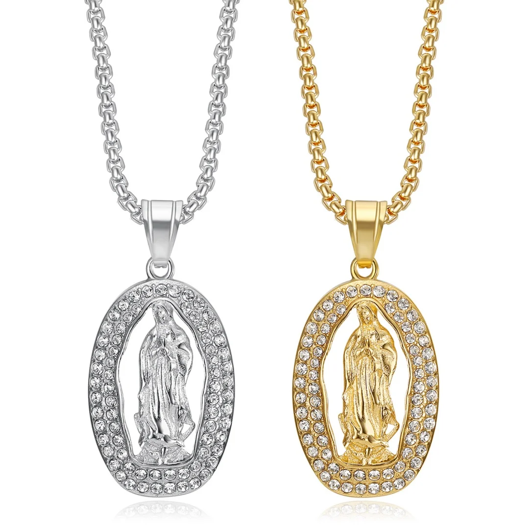 

Vintage Iced Out Bling Virgin Mary Pendant Gold Silver Color Stainless Steel Zircon Our Lady Madonna Necklace for Women Jewelry
