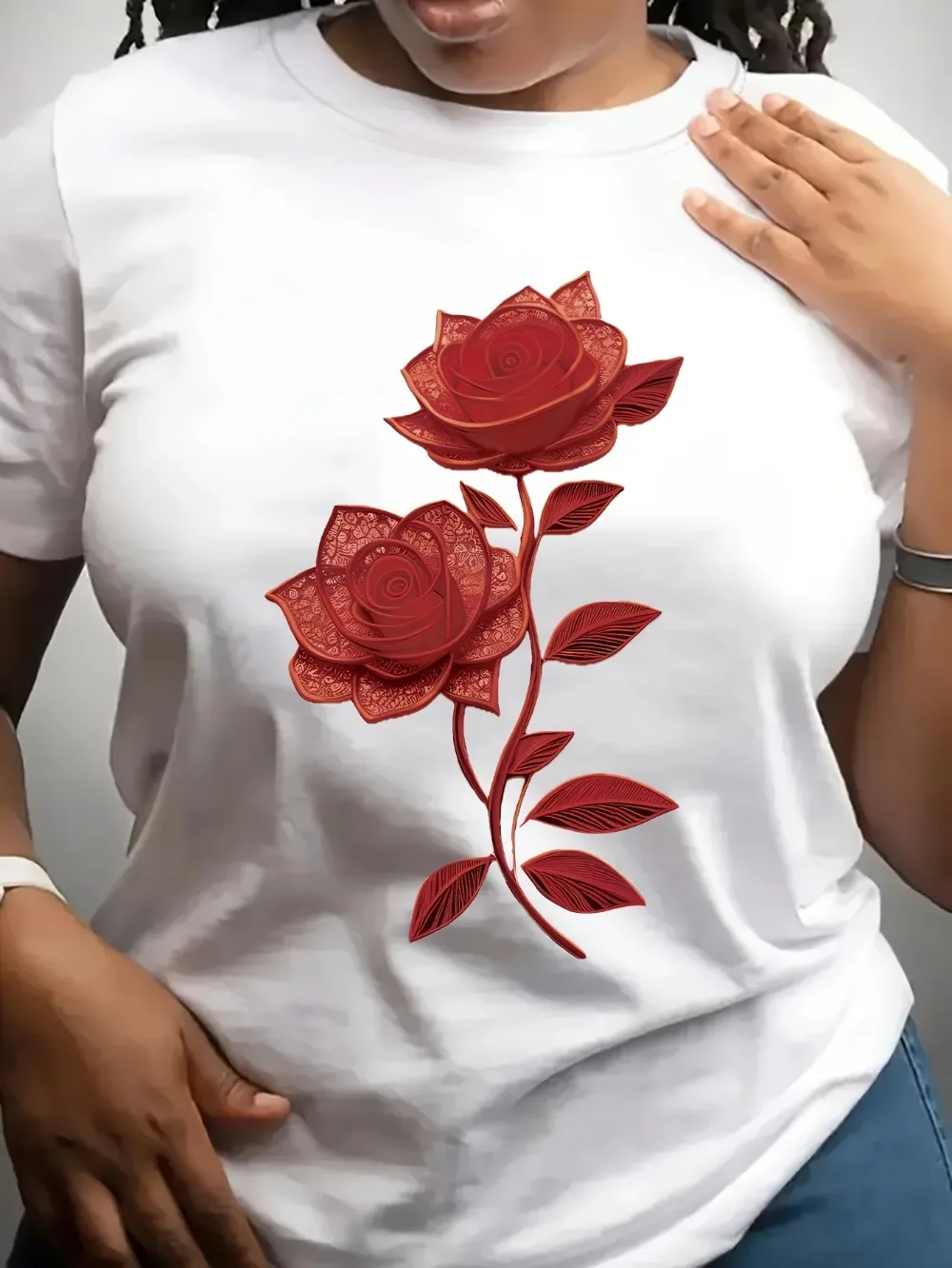 Damen-T-Shirt mit lässigem Rundhalsausschnitt, Blumen- und Pflanzenmotiv, Zeichnungsdruck, Mikroelastizität, modisches Harajuku-Kawaii-T-Shirt, Y2K-Kleidung – Detail 6