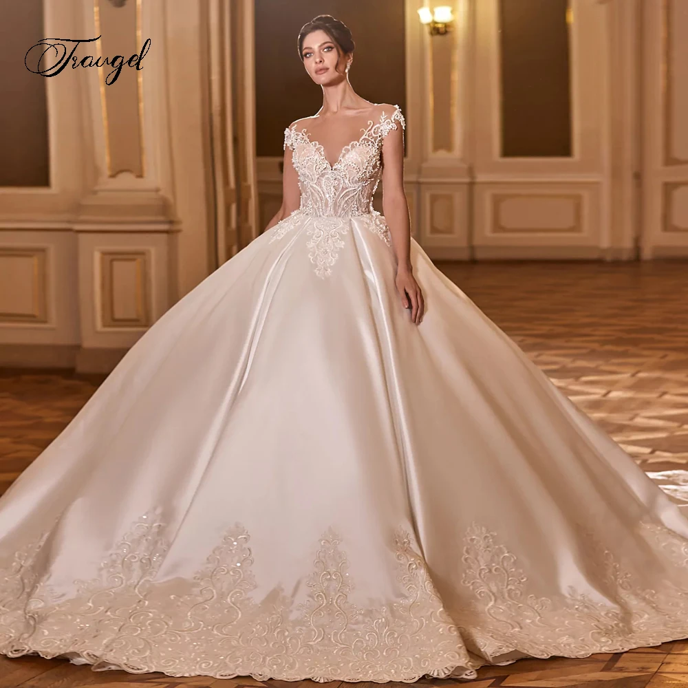 

Traugel Sexy Illusion Matte Satin Vintage Ball Gown Wedding Dress Exquisite Appliques Beaded Cap Sleeve Court Train Bridal Gown