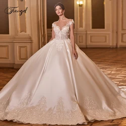 Traugel Sexy Illusion Matte Satin Vintage Ball Gown Wedding Dress Exquisite Appliques Beaded Cap Sleeve Court Train Bridal Gown