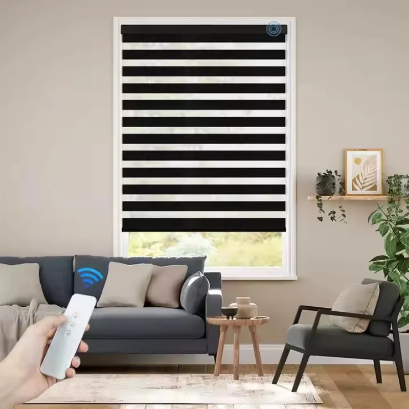Wholesale Price American Market Square Cover Double Layer RemoteControl With Alexa And Google Motorized Zebra Blinds For Windows
